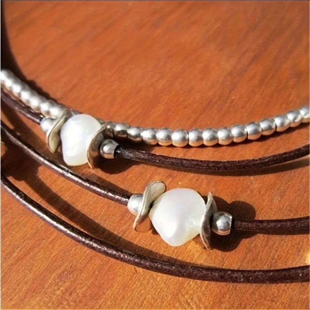 Multi-Strand Pearl Accent Necklace in Brown and Silver - - Picture 3 of 4